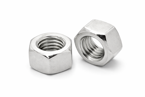 Two metal hex nuts on a white background
